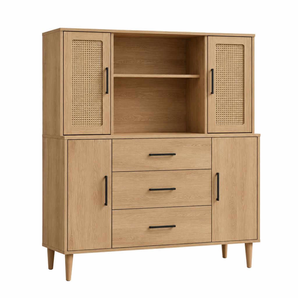 Küchenbuffet Vitrinenschrank in Eichenoptik mit Rattangeflecht 120 x 40 x 180 cm