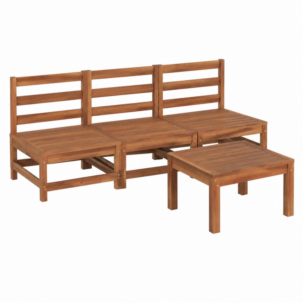 3-Sitzer Gartensofa Set Braun aus massivem Akazienholz rechteckig 200 x 66 x 65 cm mit Hocker 63 x 63 x 30 cm