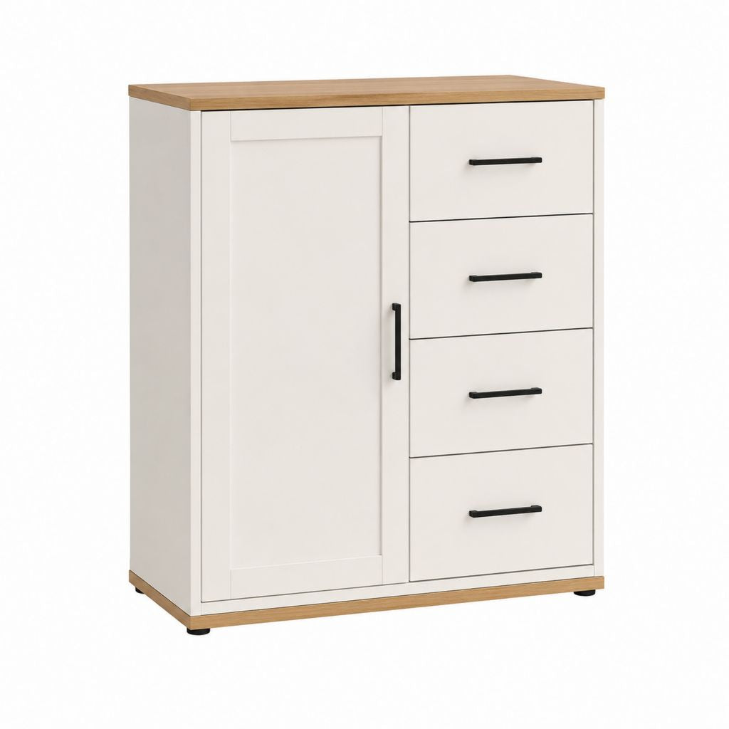 Sideboard Weiß mit Eichenoptik Spanplatte 80 x 40 x 100 cm mit 1 Tür und 4 Schubladen