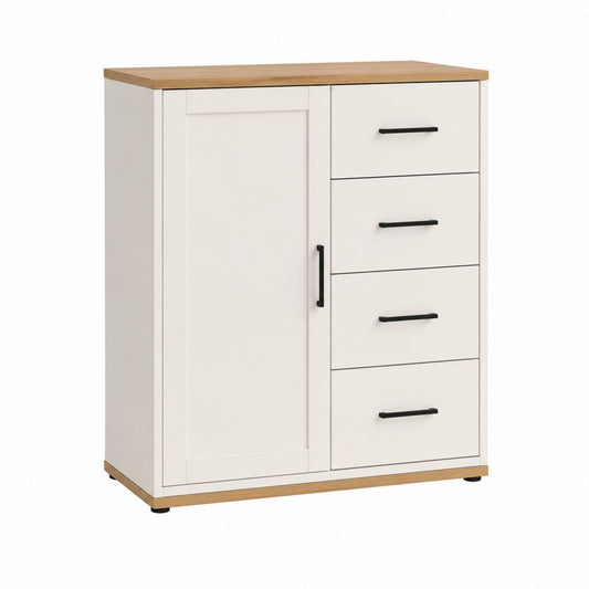 Sideboard Weiß mit Eichenoptik Spanplatte 80 x 40 x 100 cm mit 1 Tür und 4 Schubladen