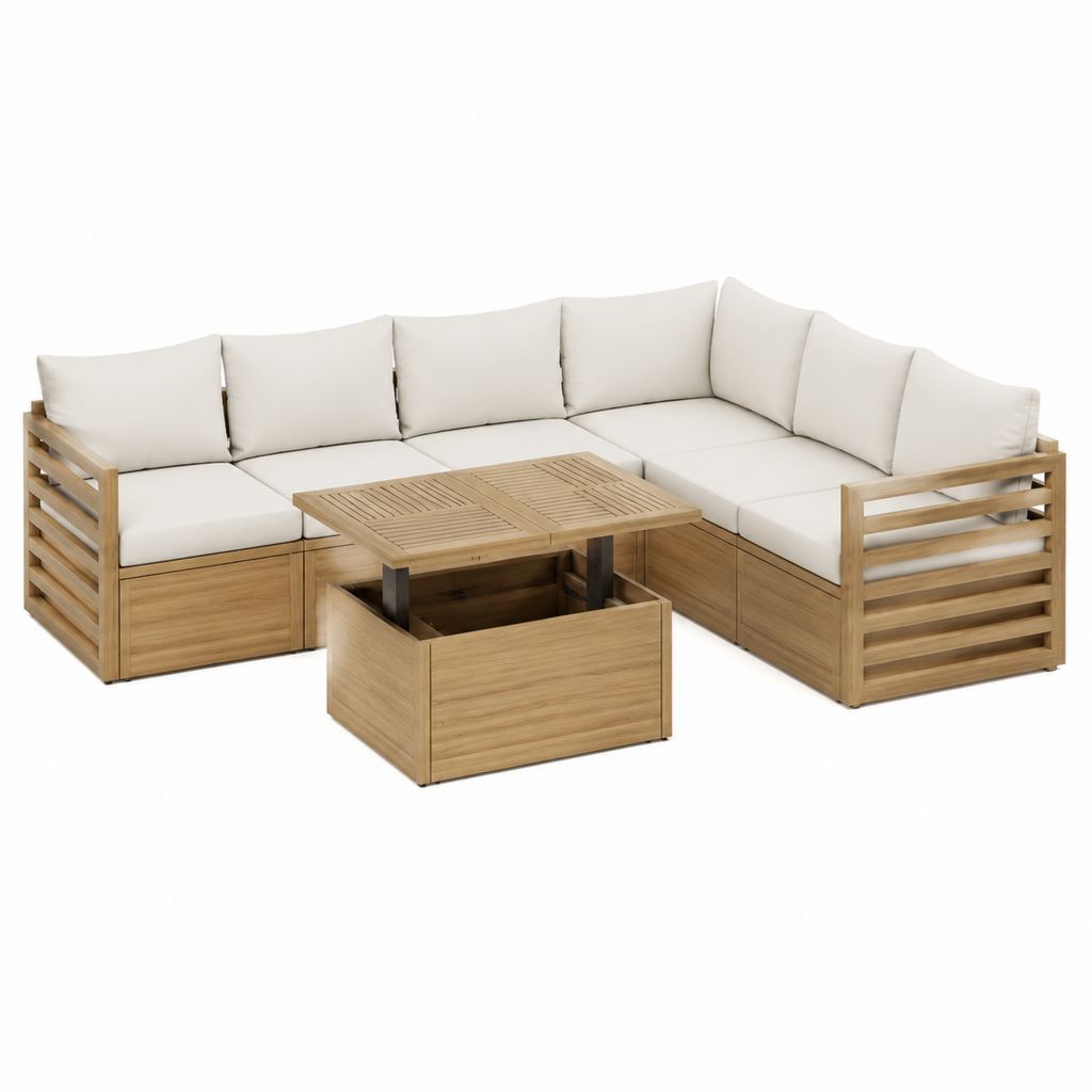 Gartenlounge Set aus Akazienholz in Natur mit cremefarbenen Polyesterkissen L-Form 220 x 220 cm