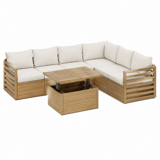 Gartenlounge Set aus Akazienholz in Natur mit cremefarbenen Polyesterkissen L-Form 220 x 220 cm