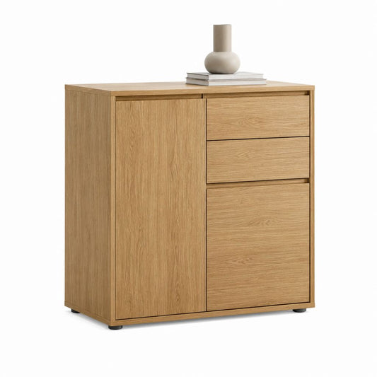 Sideboard Eiche furniert rechteckig mit 3 Schubladen und Tür 90 x 40 x 100 cm