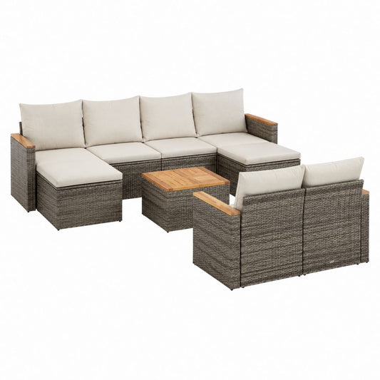 7-teiliges Gartenlounge Set Grau Beige aus PE-Rattan mit Akazienholz 270 x 210 x 78 cm