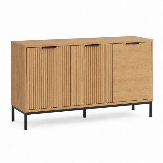 Sideboard Eichenoptik mit 3 Türen Rillenfront Stahlgestell Schwarz 160 x 40 x 85 cm
