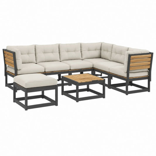 6-teiliges Gartenlounge-Set Beige mit pulverbeschichtetem Stahl und Akazienholz 186 x 186 cm