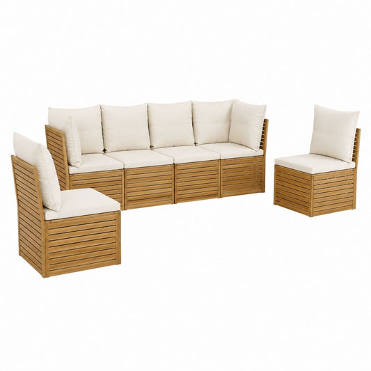 Gartensofa Set 5-teilig Natur Akazienholz Creme rechteckig 210 x 70 x 65 cm