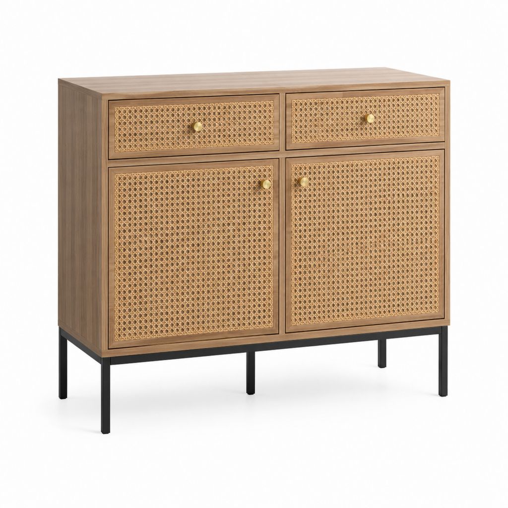 Sideboard mit 2 Türen und 2 Schubladen Braun Rattan MDF rechteckig 80 x 40 x 90 cm