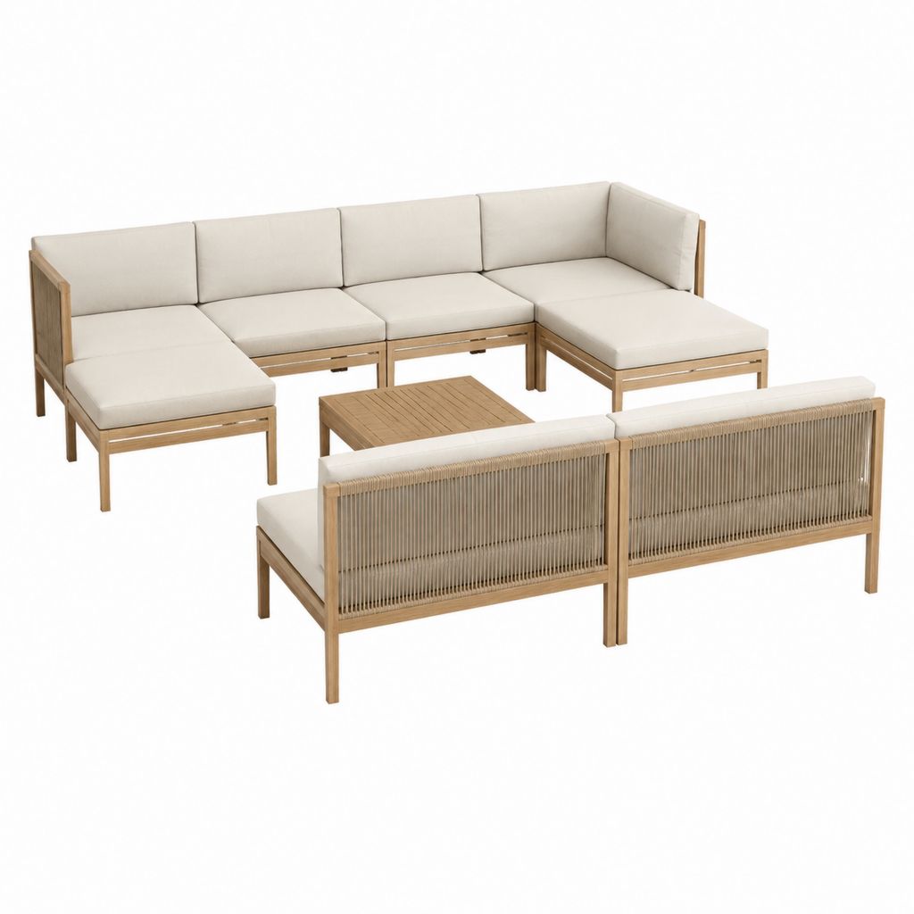 7-teiliges U-förmiges Gartensofa Set Naturbeige aus Akazienholz und Polyester 300 x 238 x 72 cm