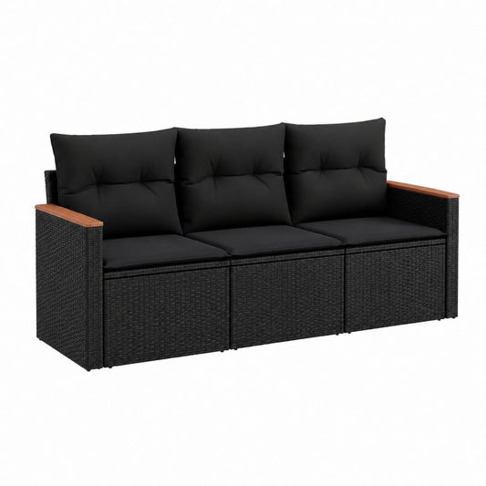 3-Sitzer Gartensofa schwarz aus PE-Rattan mit Akazienholz 180 x 70 x 60 cm