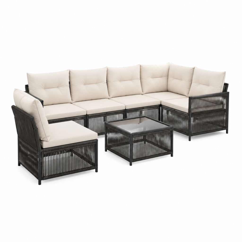 Gartenlounge Set 5-teilig Schwarz Creme aus pulverbeschichtetem Stahl und PE-Geflecht in L-Form 320 x 240 cm