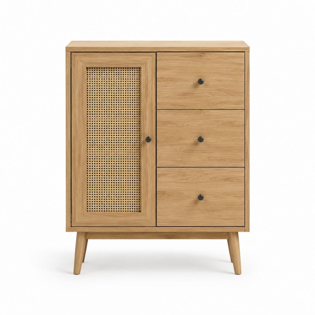 Sideboard Eichenoptik mit Rattangeflecht und 3 Schubladen 80 x 40 x 120 cm