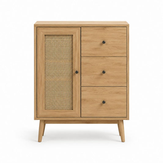 Sideboard Eichenoptik mit Rattangeflecht und 3 Schubladen 80 x 40 x 120 cm